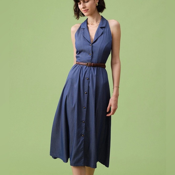 RIHOAS Dresses & Skirts - Rihoas Blue Lapel Tunic Sleeveless Midi Dress